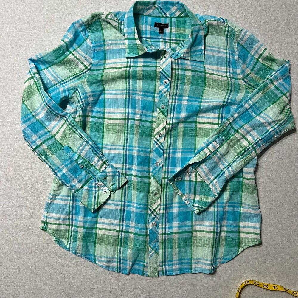 Talbots Womens Large Blue Green Plaid Cotton Button Down Shirt Long Sleeve